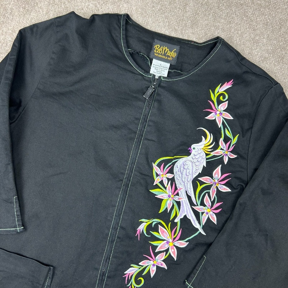 Vintage Bob Mackie Wearable Art Jacket Women's L Black Embroidered Tropical Bird